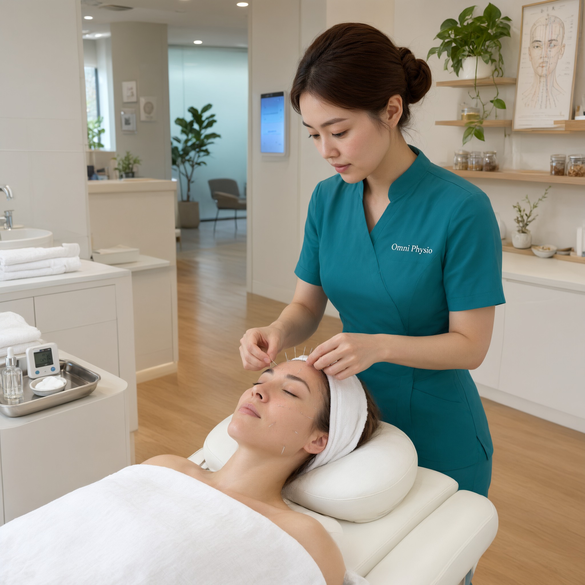 Acupuncture treatment being performed in a clinic