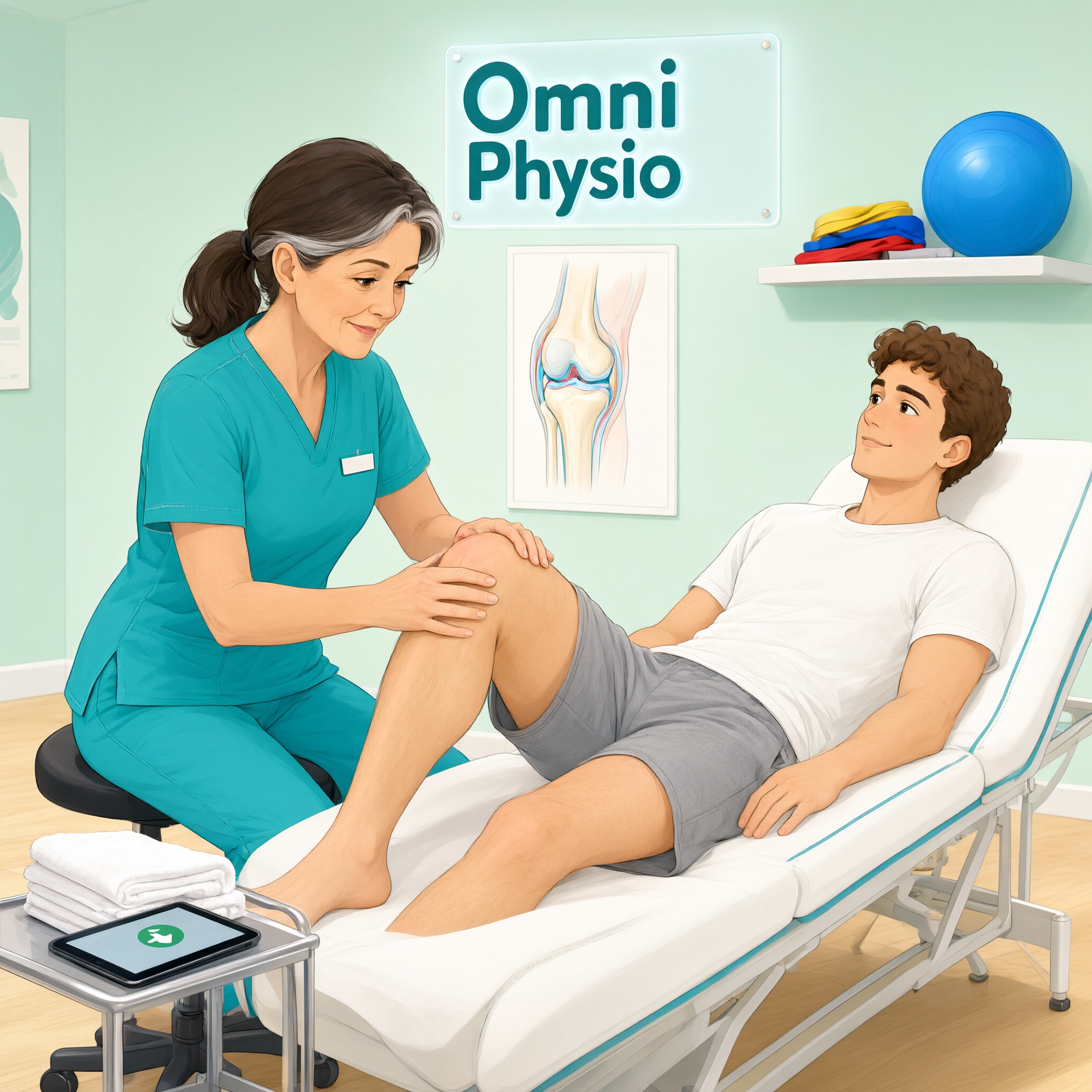Illustration of a physiotherapist helping a patient with knee movement